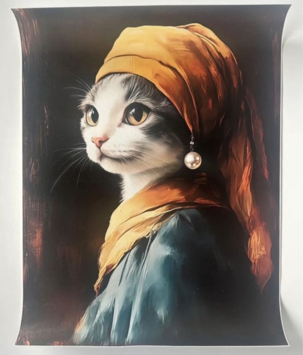 Zabawny plakat A3, dziewczyna z perłą w kociej wersji, 30/40 cm