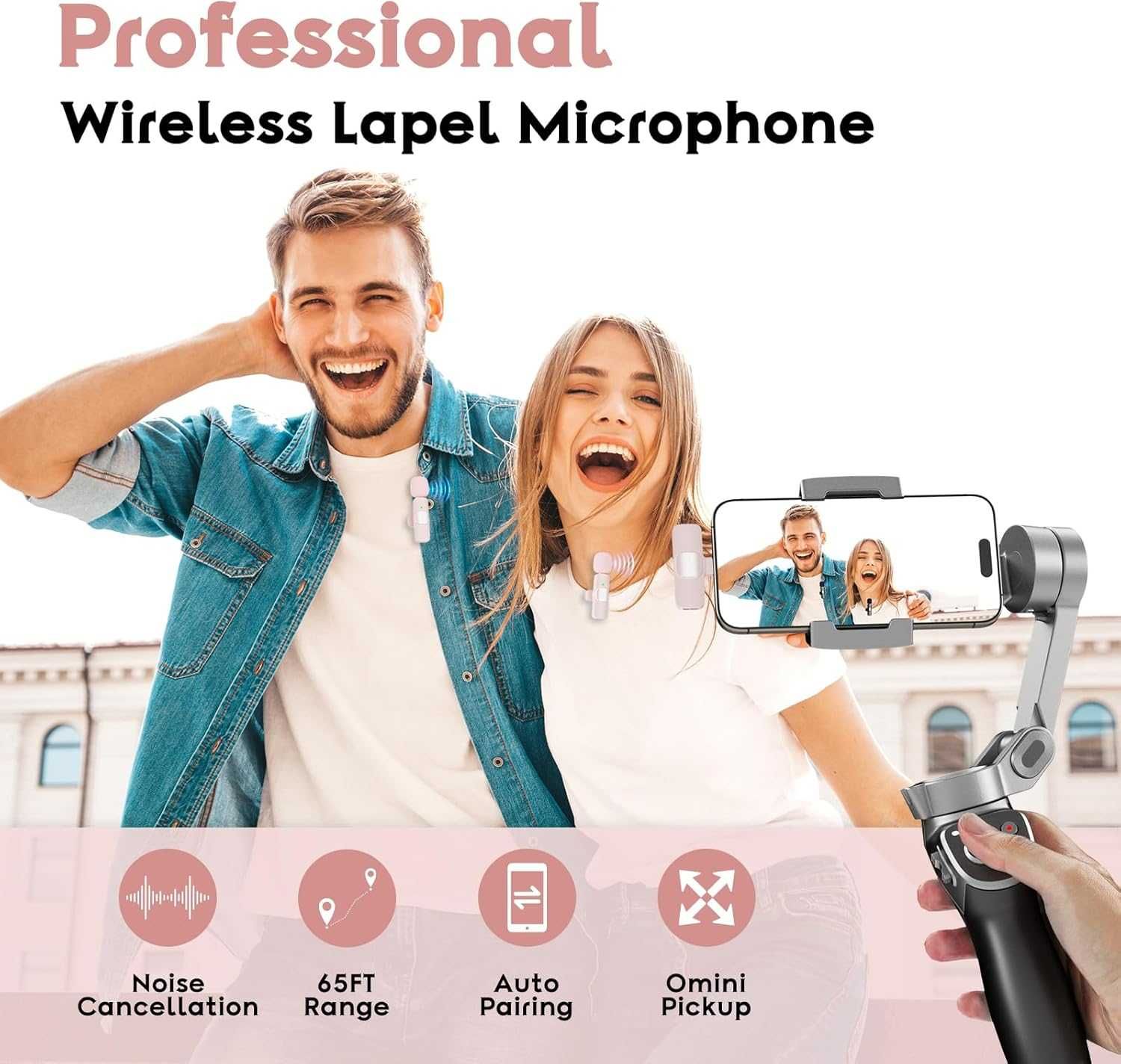 Bezprzewodowy mikrofon Lavalier USB-C + adapter Lightning – Różowy