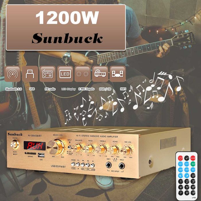 Amplificador digital 1200 W 5 canais saida bluetooth, fm, estéreo,