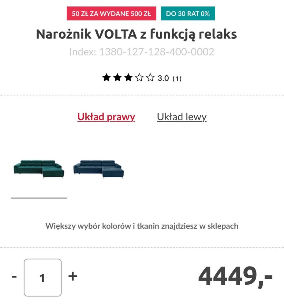 Narożnik Volta z funkcją relaksu