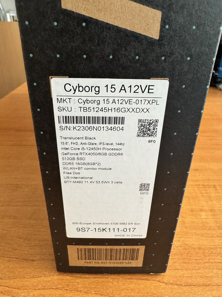Ноутбук MSI cyborg 15 A12VE RTX4050 i5-12450H 512GB
