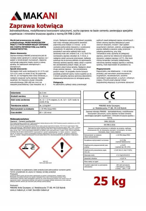 Zaprawa do kotew spiralnych MAKANI 25 KG