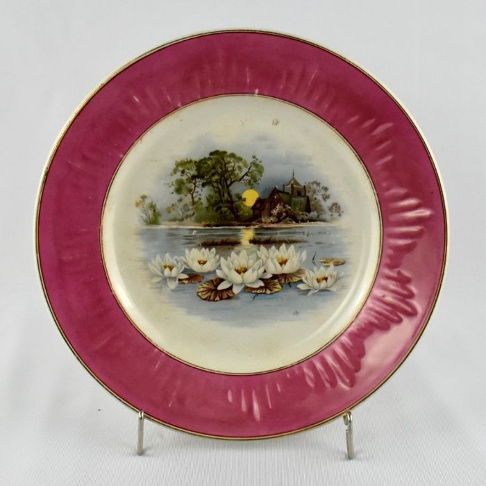 Raro Prato Faiança Sacavém, (1894 a 1909), paisagem, lago e nenúfares