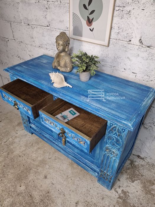 Komoda rzeźbiona, szafka drewniana, zdobiona, niebieska, turkusowa