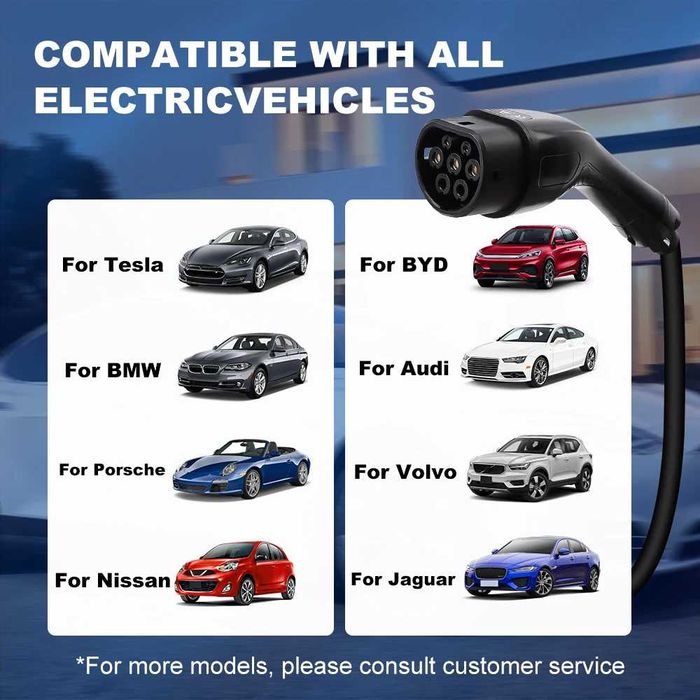 Зарядка авто 32A 7 KW 1 фаза type 1, type 2, GBT, Tesla WIFI 3,5м.