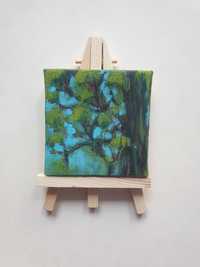Mini obraz ręcznie malowany lato drzewo +sztaluga
