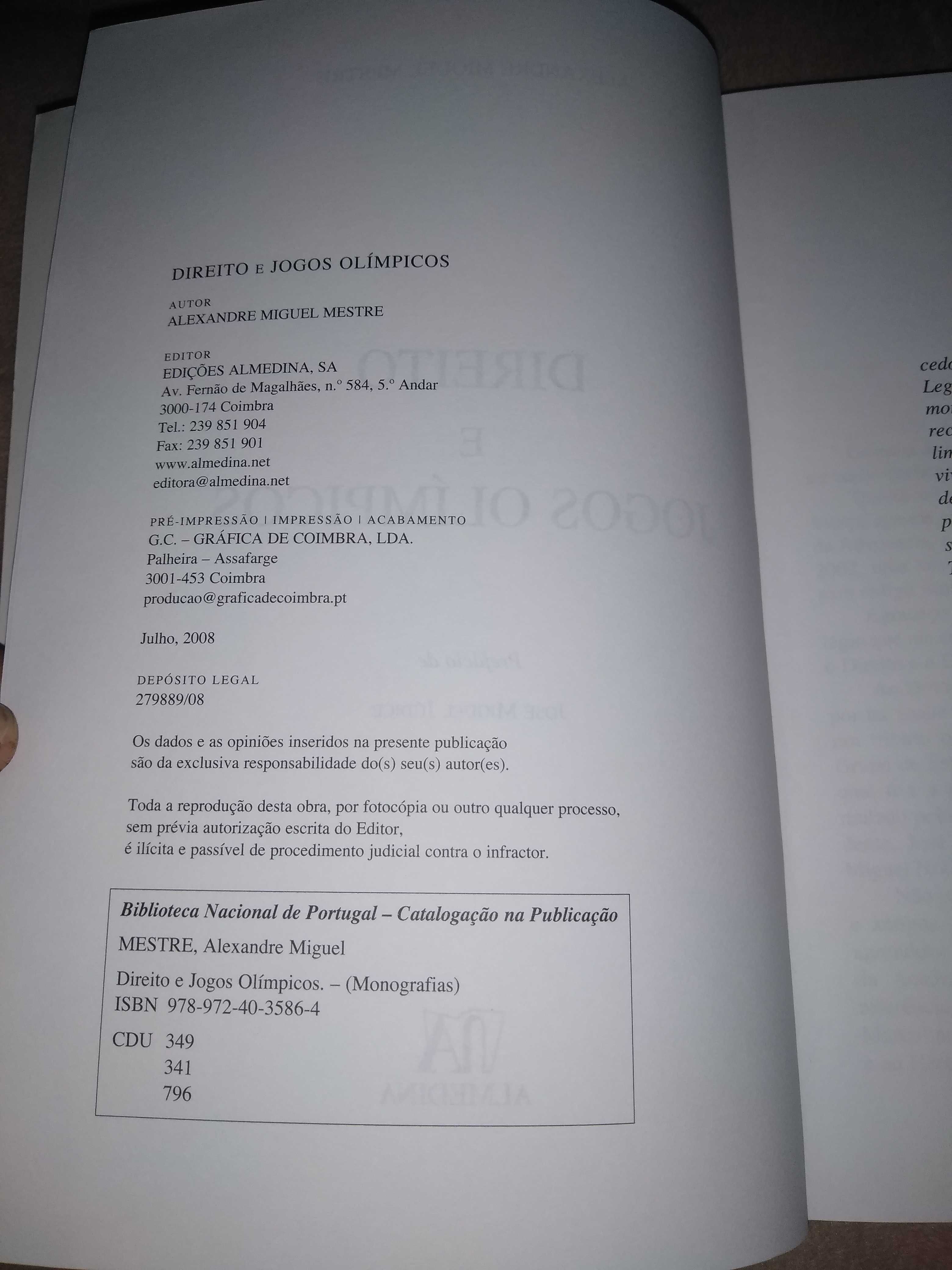 Livro Direito e Jogos Olímpicos Alexandre Miguel Mestre 2008 Raro