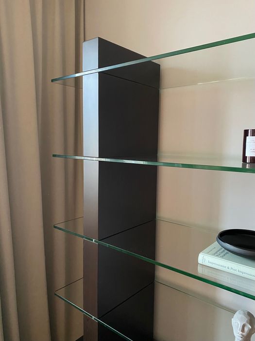 Regał z ciemnego drewna ze szklanymi półkami