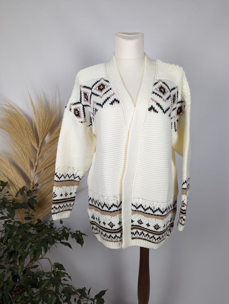 Nowy kremowy ecru kardigan sweter wzorzysty lekko polyskujacy DPerkins