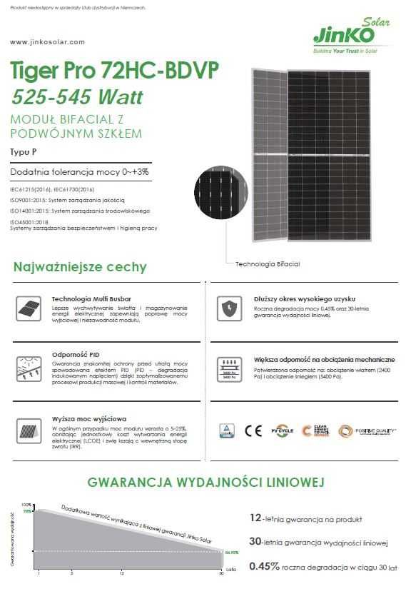 Panel fotowoltaiczny JINKO SOLAR 545W Bifacial srebrna rama