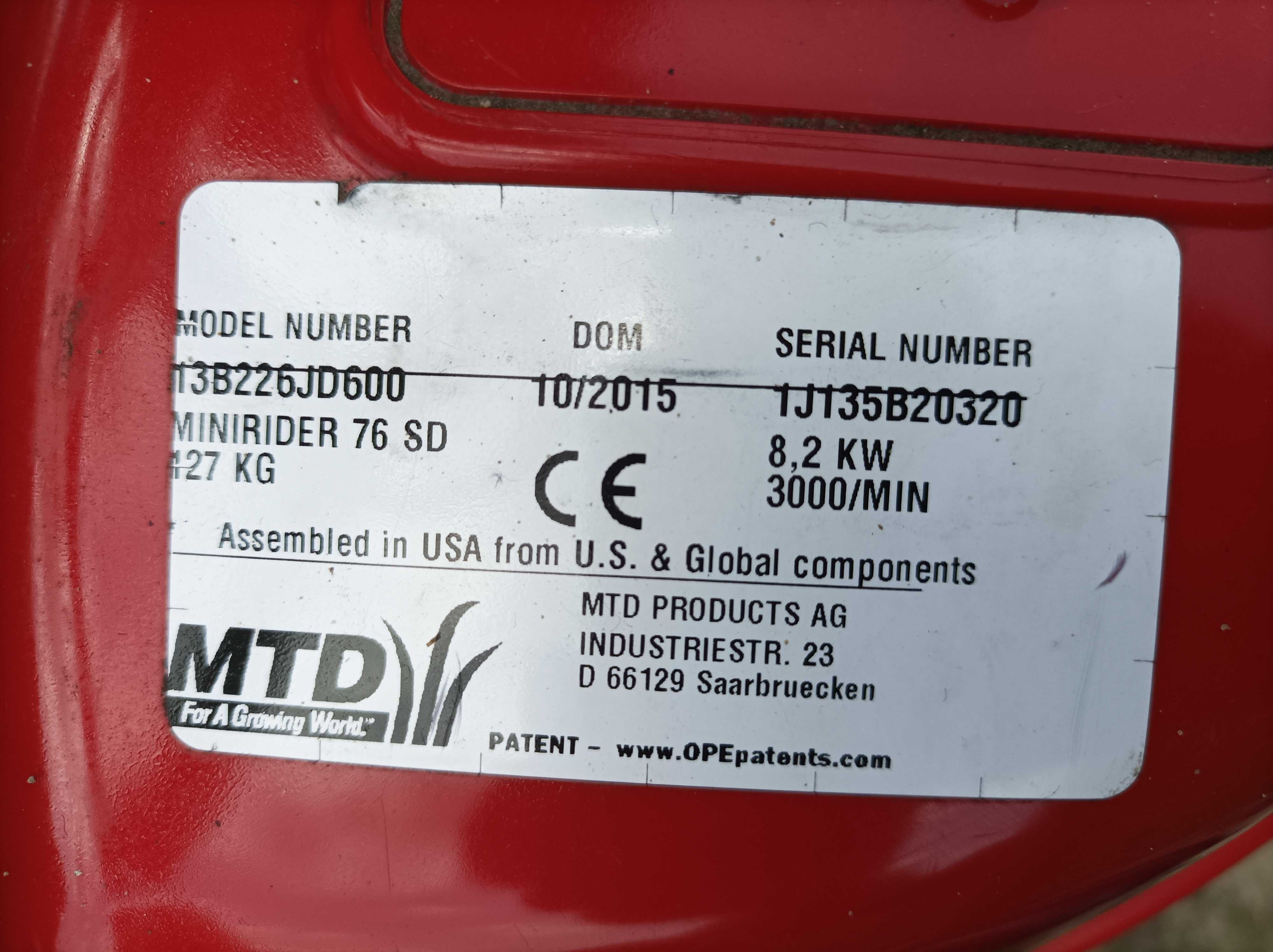 Traktorek MINI-RIDER 76 SDE MTD silnik 11KM z pompą oleju