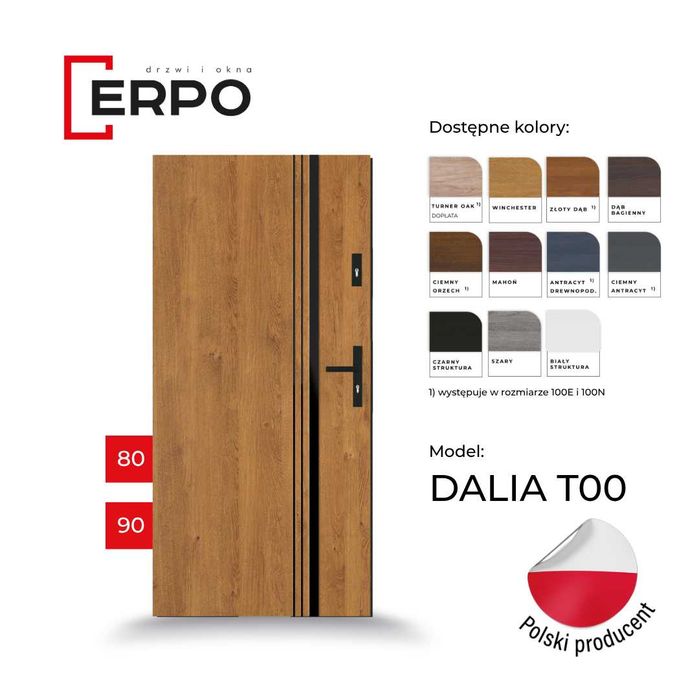 Drzwi wejściowe 80 i 90 lewe lub prawe 72mm ciepłe orzech