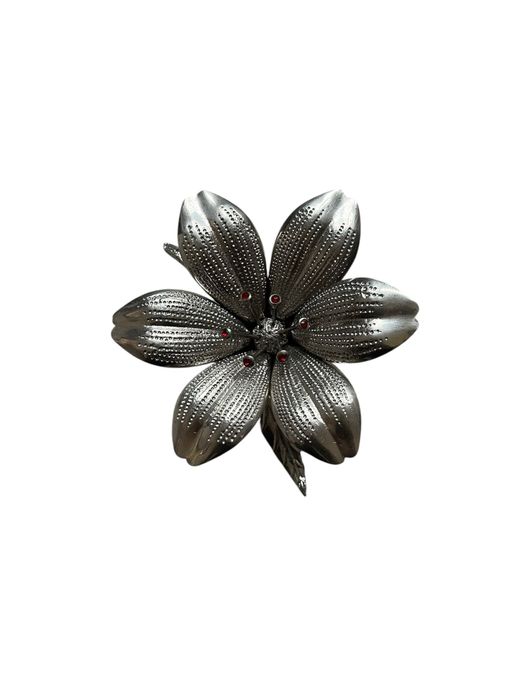 Cinzeiro Flor Vintage Prateado com Pérolas Vermelhas – Anos 80