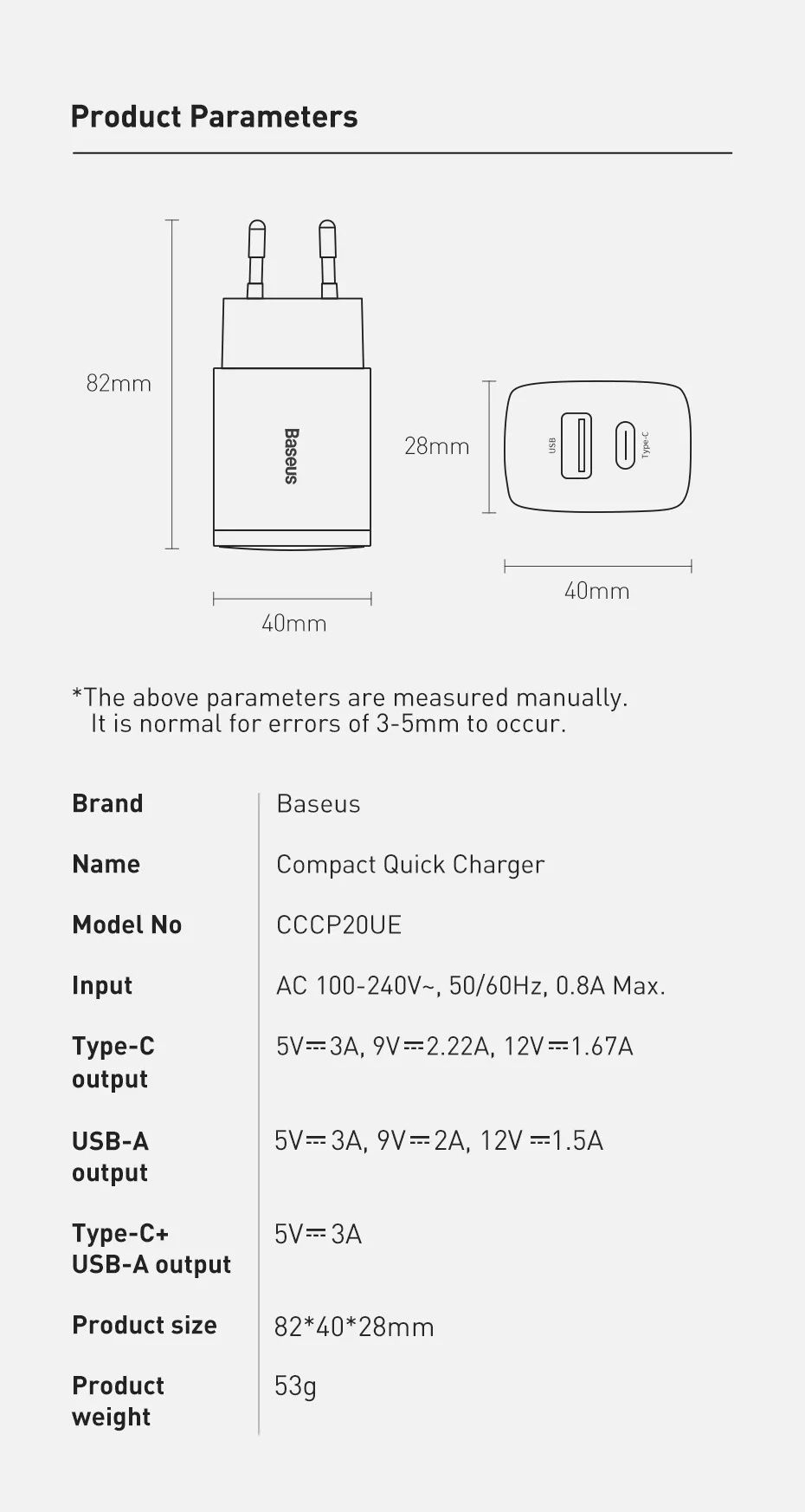 Carregador Quick Charger USB + Type C 20W -Preto-
-Baseus-
Novo - 24h