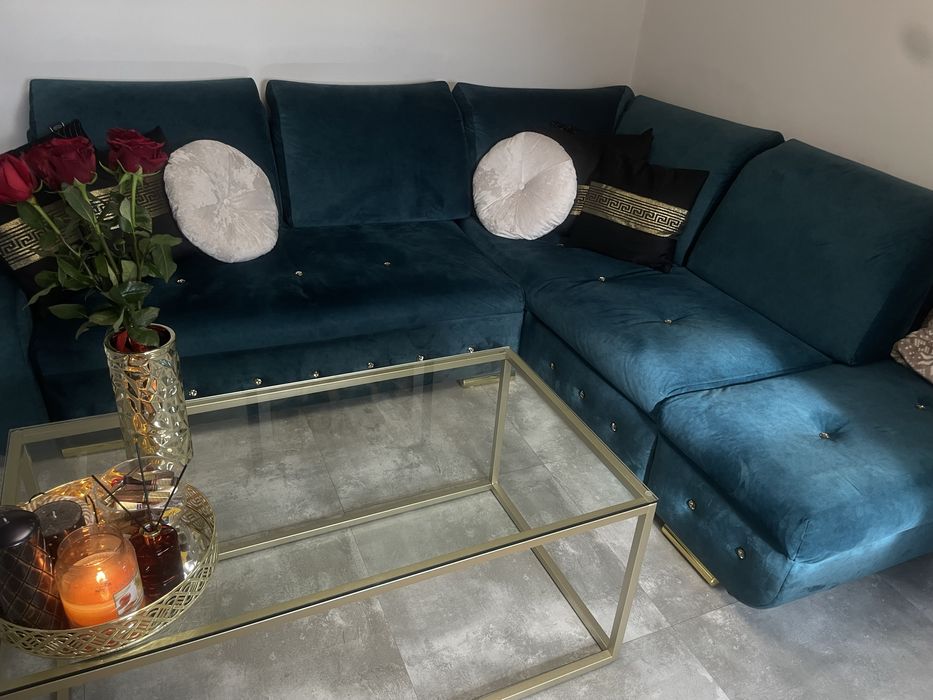 Narożnik z funkcja spania kolor morski + GRATIS stolik