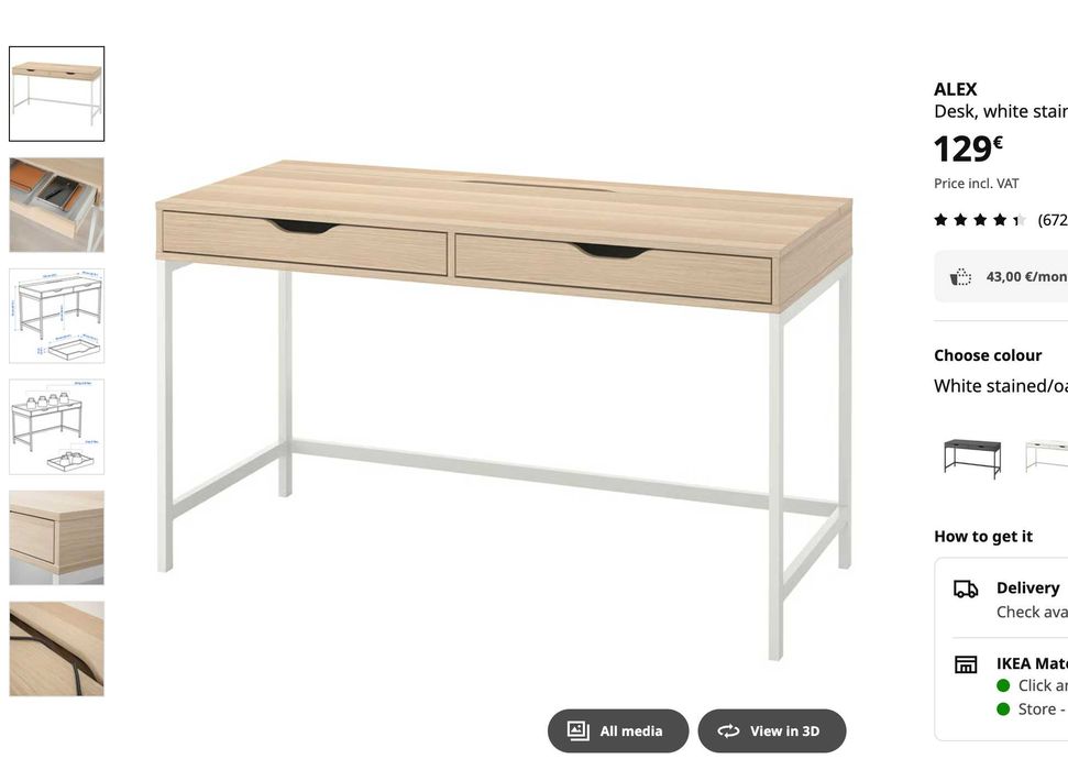 IKEA ALEX Desk (132×58 cm) – White/Oak Effect – Great Condition