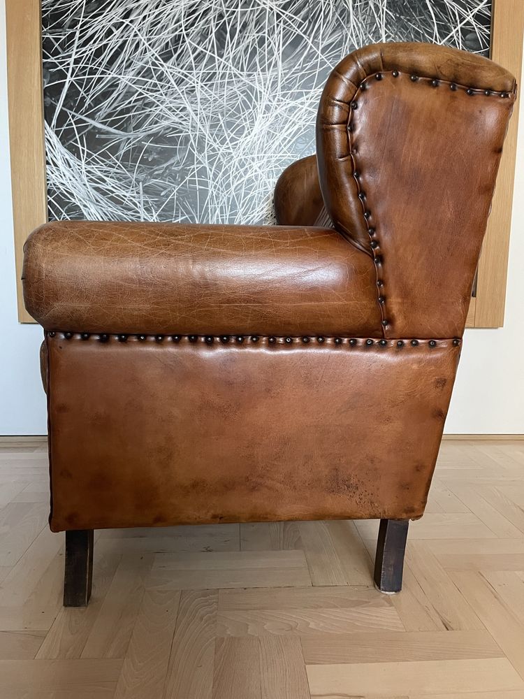 Fotel skórzany brązowy z Indii skóra bydlęca drweniana konstrukcja