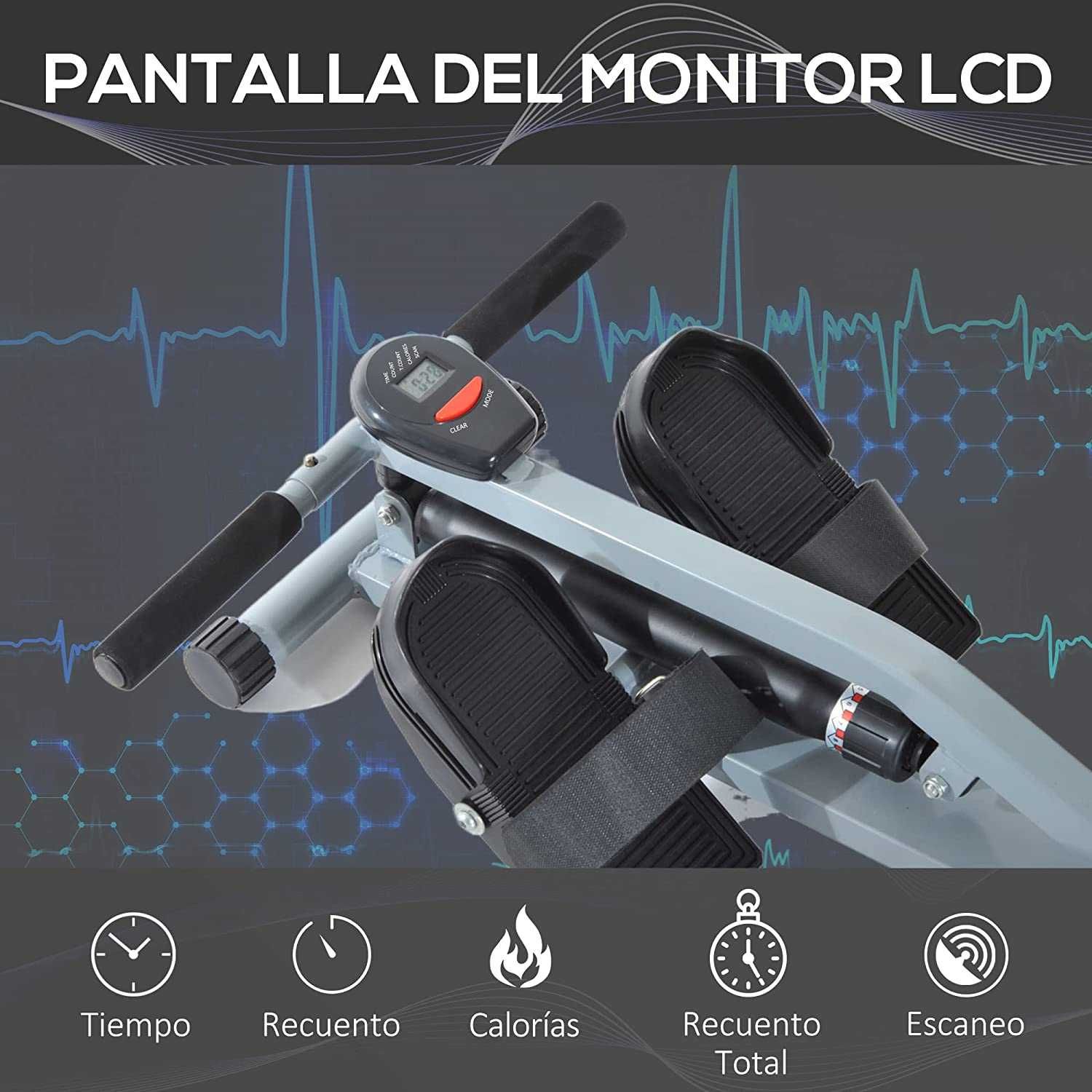 Máquina de Remo ajustável com ecrã LCD , carga 100 kg