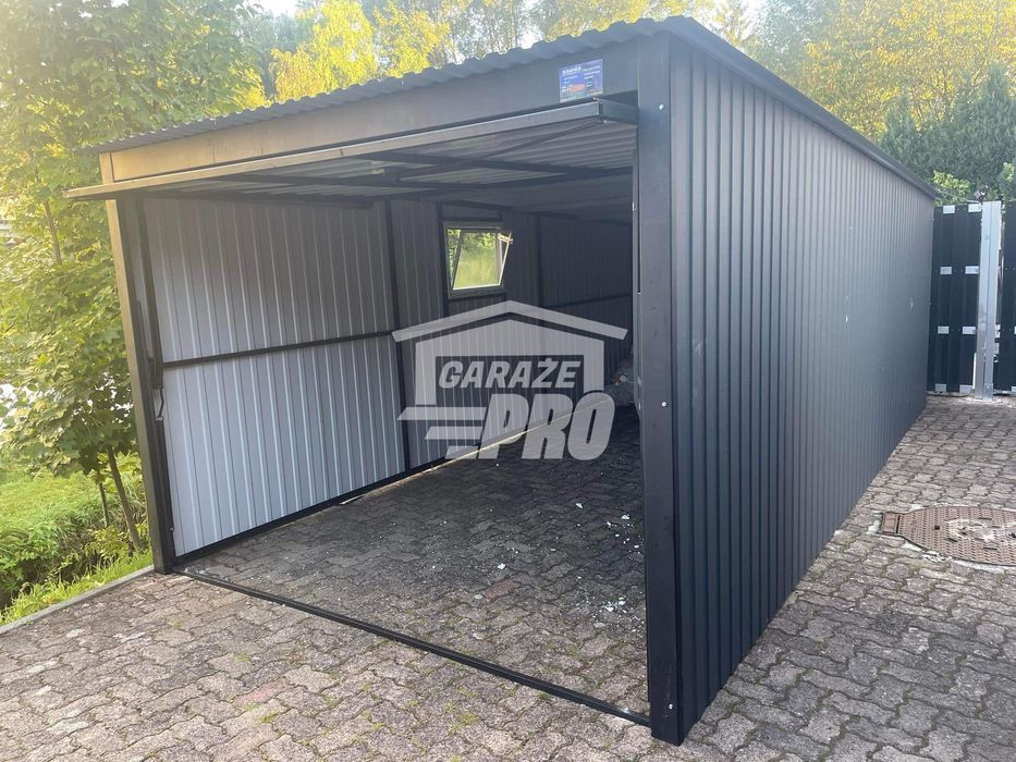 Garaż blaszany 3x7 brama - okno PCV - antracyt spad w tył GP241