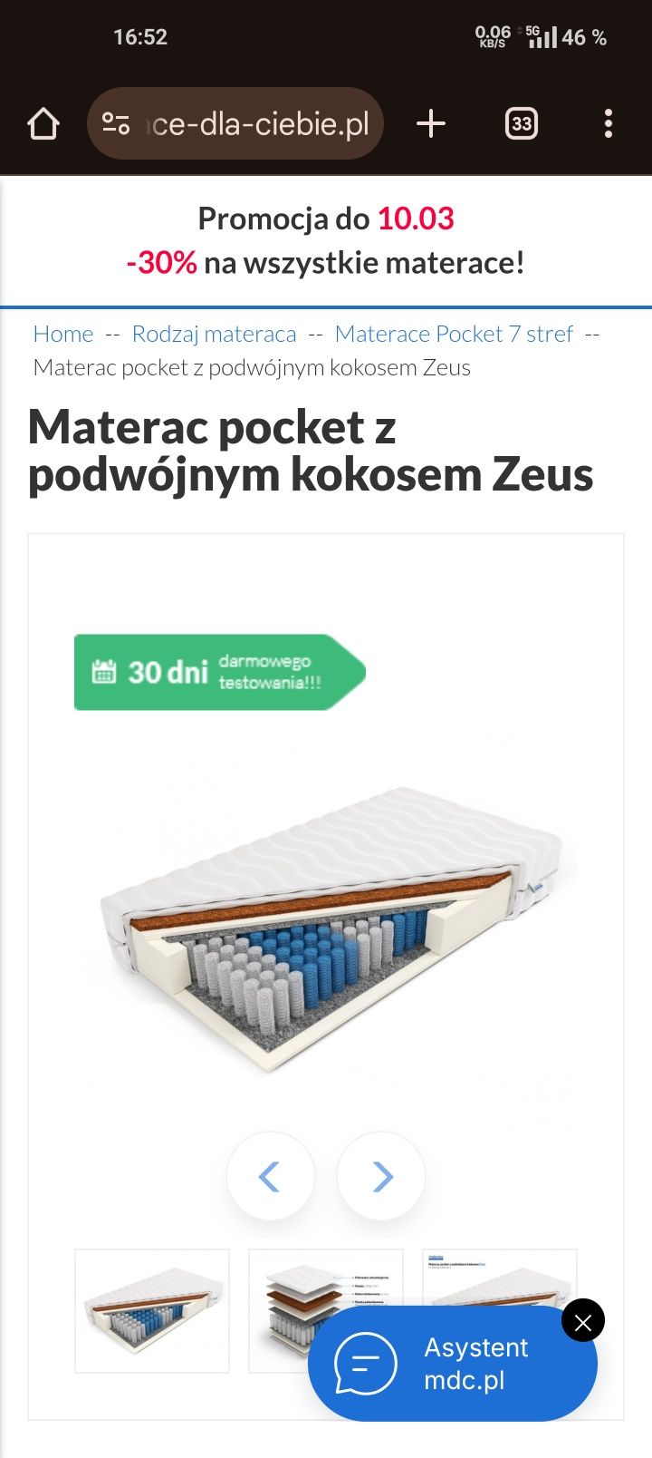 Materac pocket z podwójnym kokosem Zeus