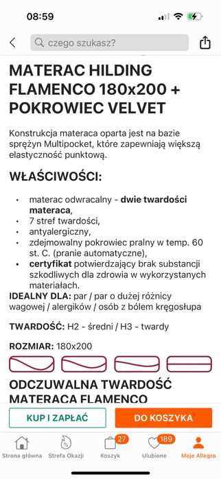 Używany materac hilding flamenco 180x200