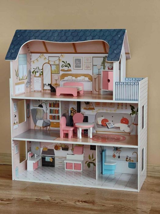Duży Domek Dla Lalek Drewniany Piętra Led Oświetlenie Meble Akcesoria