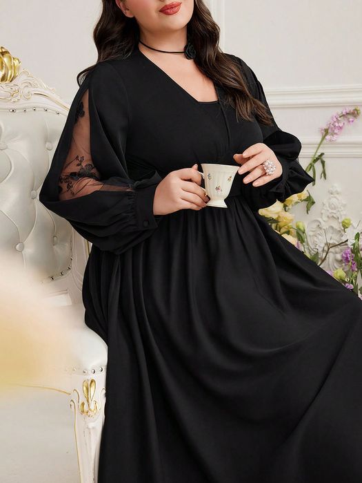 Sukienka Wieczorowa Maxi Z Transparentnymi Rękawami Czarna Shein 5Xl