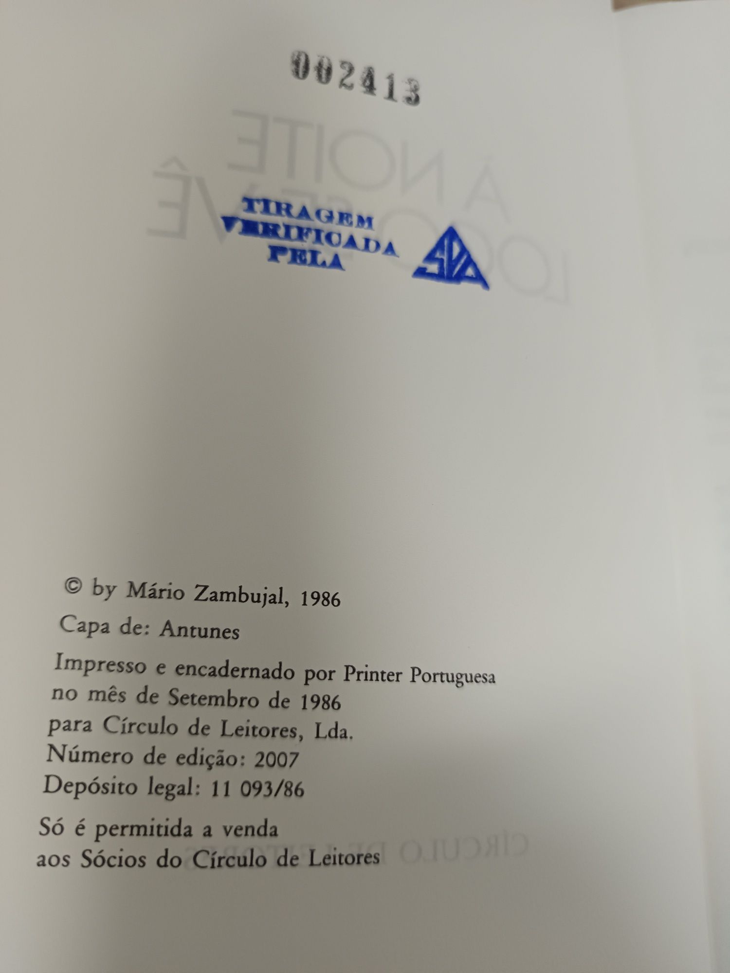 Livro "Á noite logo se vê"Mario Zambujal. 1986