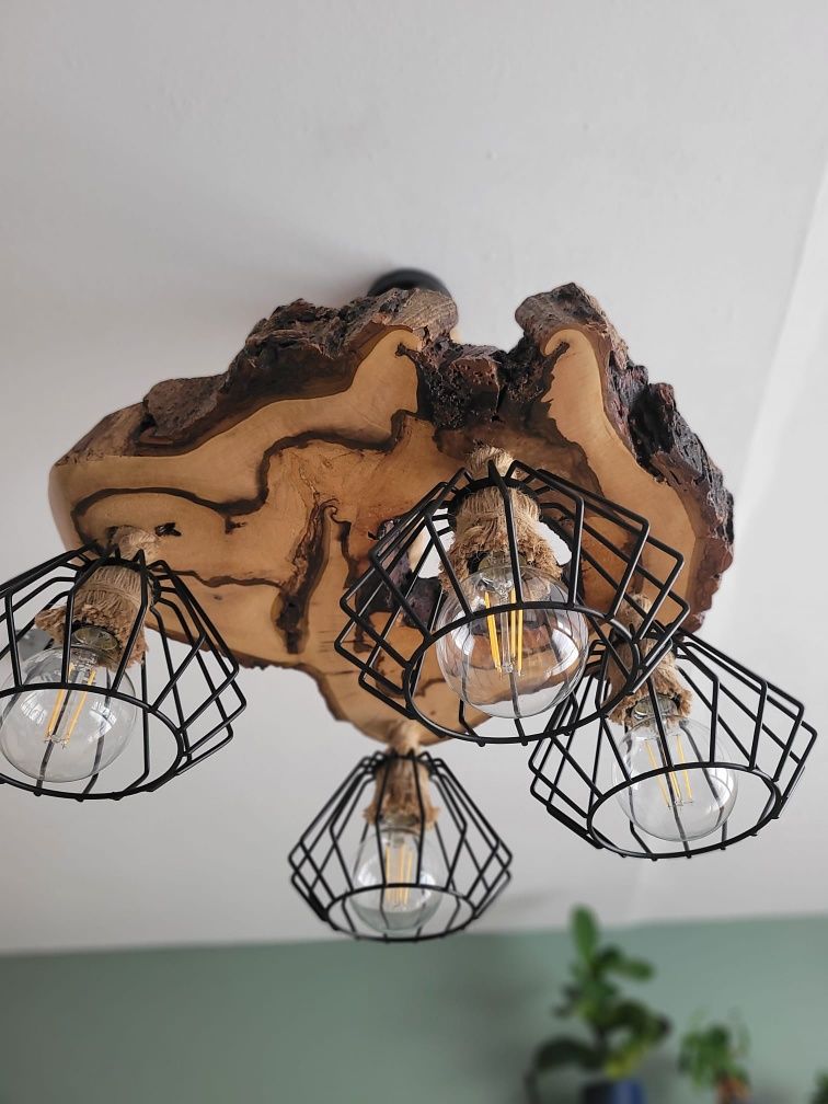 Lampa wisząca z drzewa orzechowego sznur jutowy Loft Handmade