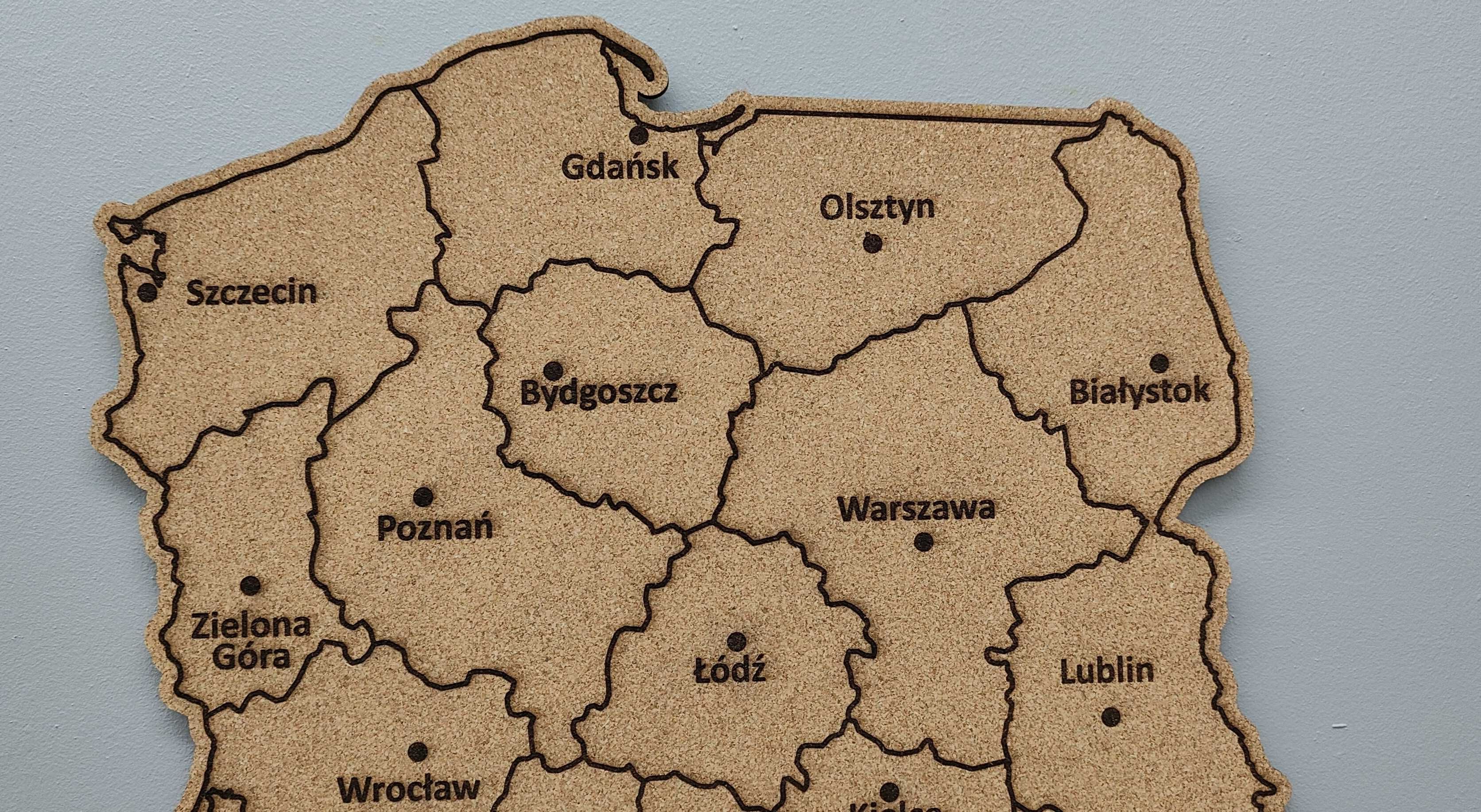 Mapa Polski korek tablica korkowa; grawerowana; województwa miasta