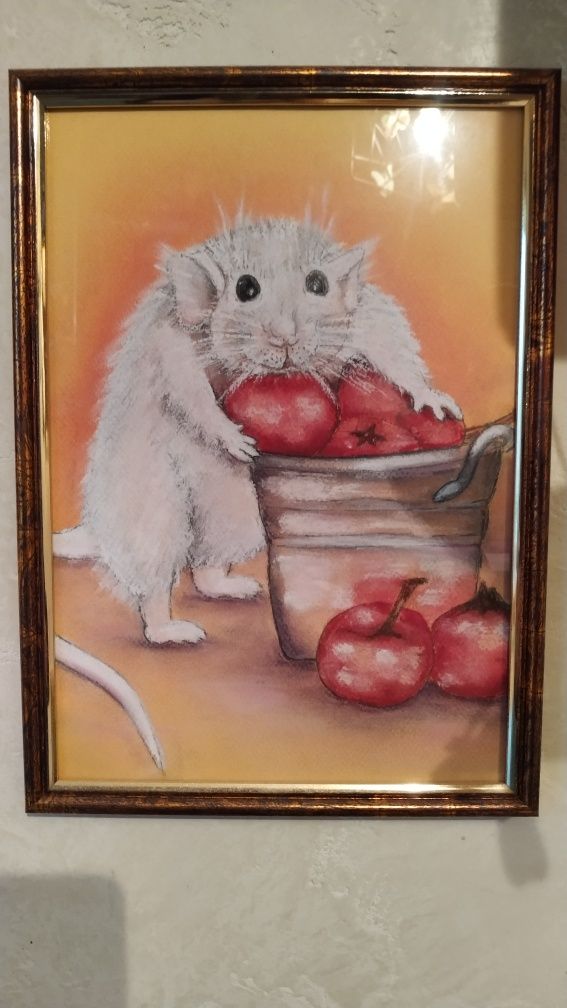 Картина Запасливый белый Крыс крыска пастель А4