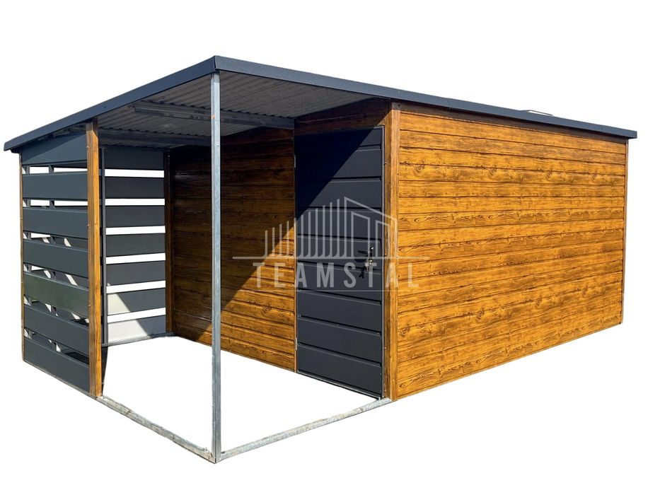 Schowek - Domek Ogrodowy 4x3m + wiata 1,5m - Drzwi Drewnopodobny TS642