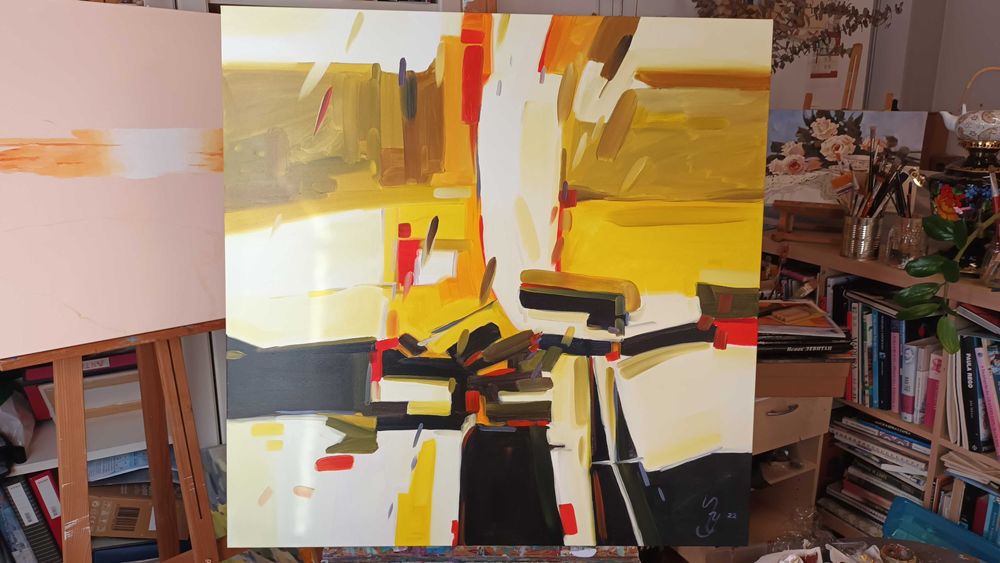 Quadro Abstracto Amarelo 100x100cm com moldura.