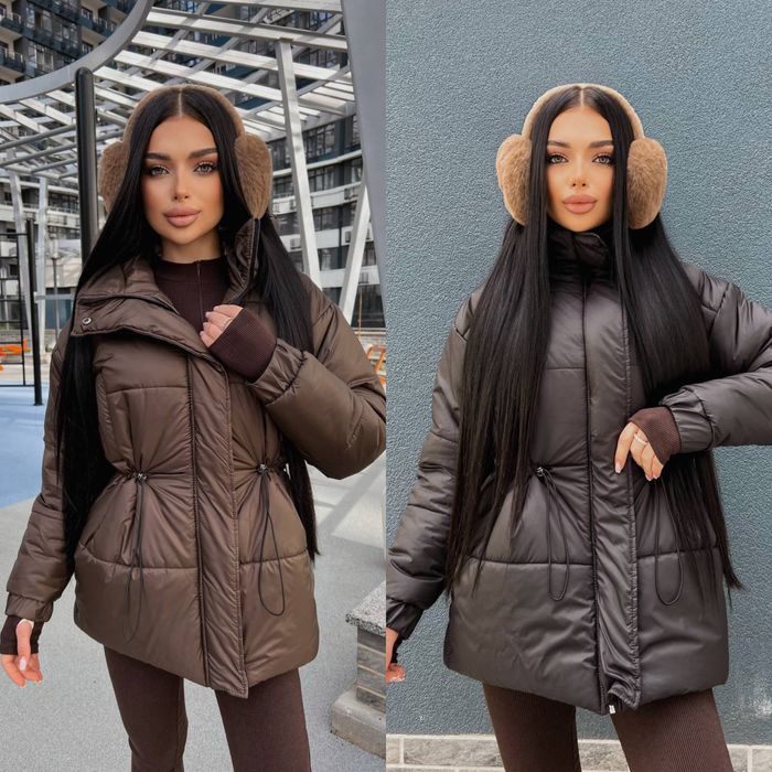 Куртка пуховик жіноча тепла з куліскою на таліі чорний, шоколад