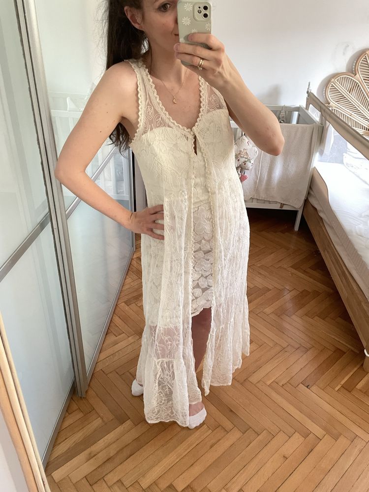 Asos boho sukienka + boho narzutka L biała panienski ślub koronka