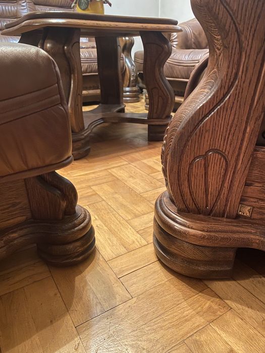 Kler Komplet wypoczynkowy skóra naturalna drewno dębowe zestaw mebli