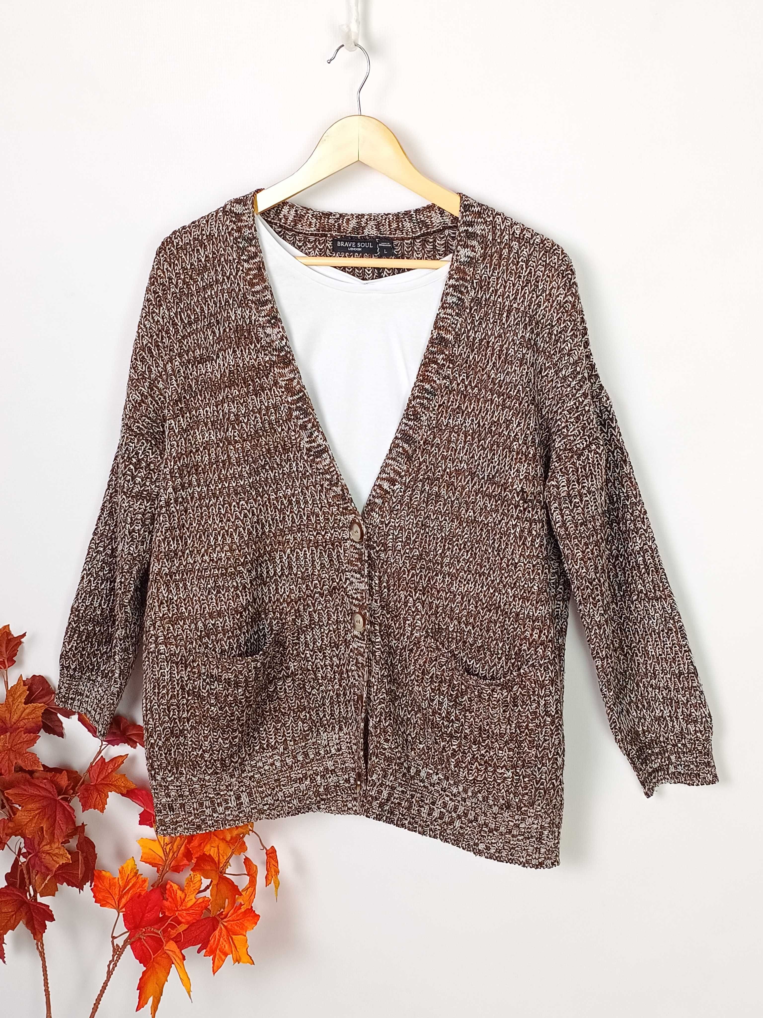 Brązowy czarny sweter kardigan dzianinowy Brave Soul 40 L oversize
