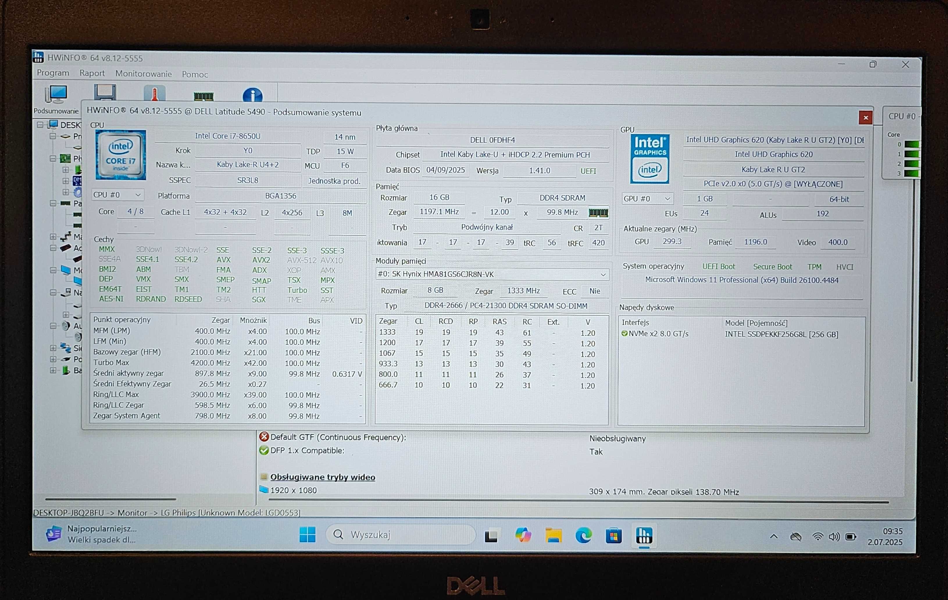 A117] Laptop Dell Latitude 5490 i7-8650U 16GB 256GB M2 NVMe Win11 bat