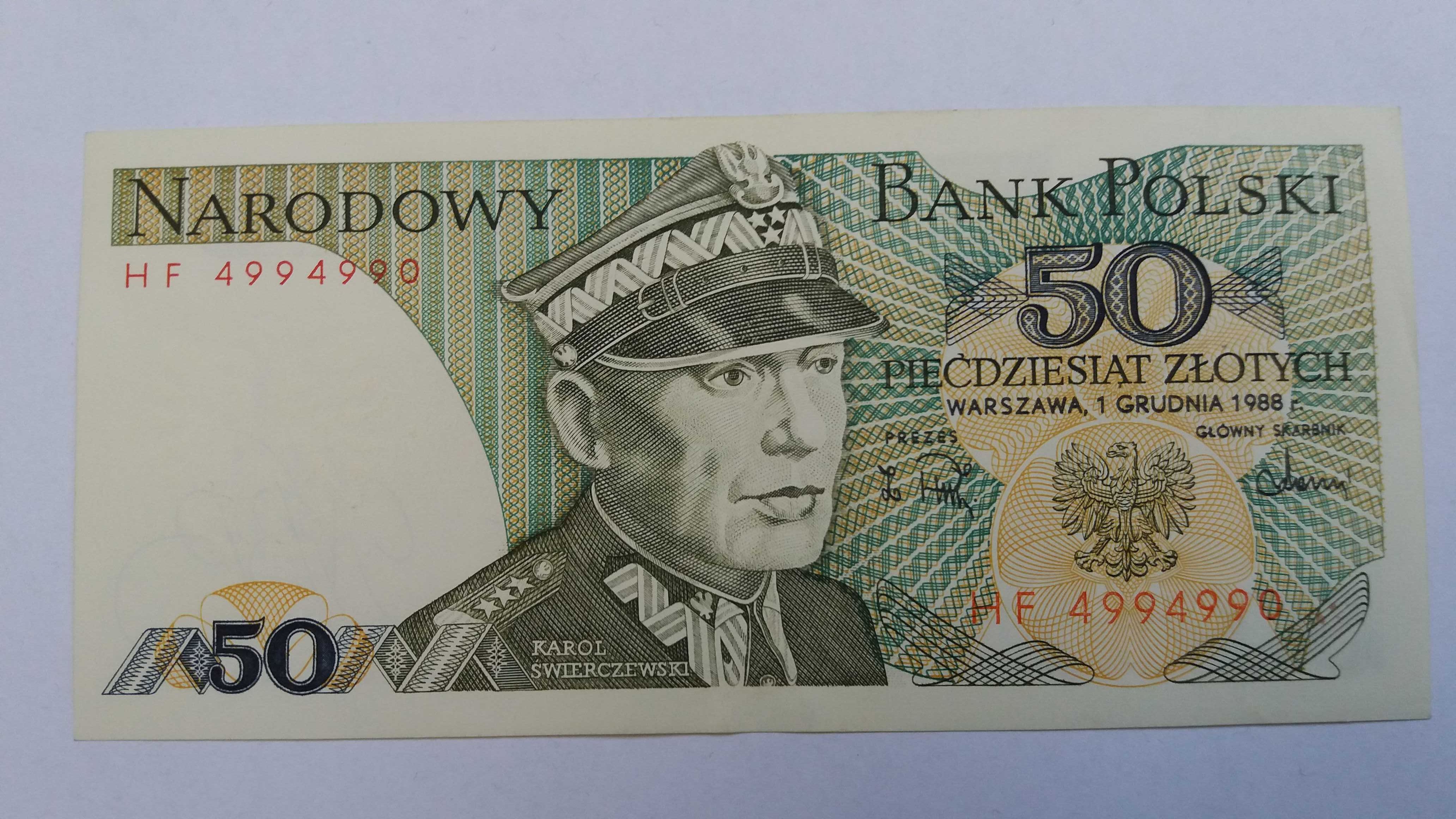 pm M, , 50 zł 1988 PRL banknot nr serii 2 x 499 kolekcjonerski stan