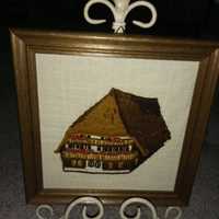 Stary obraz ręcznie robiony gobelin chatka domek