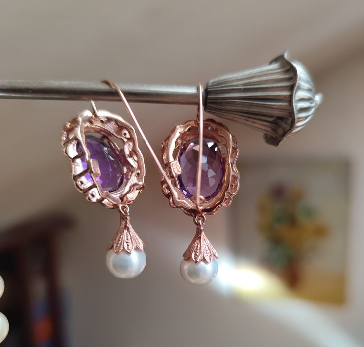 Brincos em ouro rosa 9 K e prata 925 com Ametista e Diamantes naturais