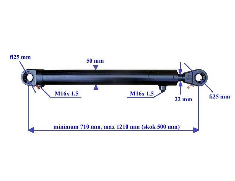 Siłownik hydrauliczny 2-stronny wysuw / skok 500 mm MOCNY