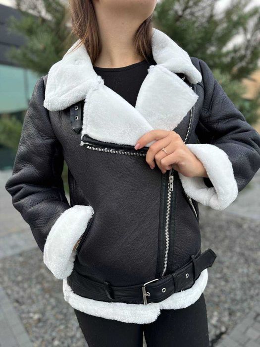 Дублянка жіноча S-XL з еко-хутром чорна білий комір до -10 градусів