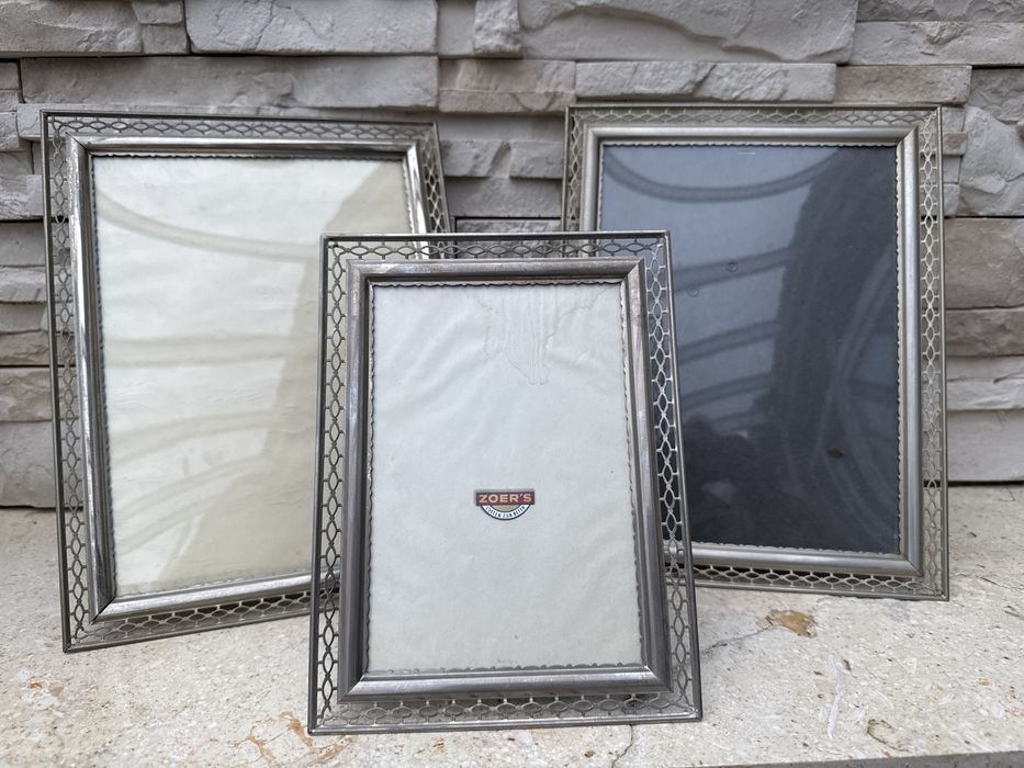 Stara przedwojenna ramka 3szt komplet z wypuklym szklem metal mosiadz