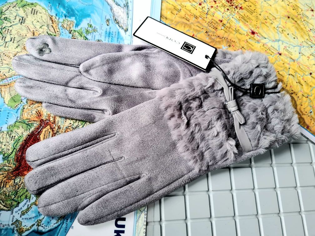 Code zimowe rękawiczki damskie ocieplane nowe szare modne