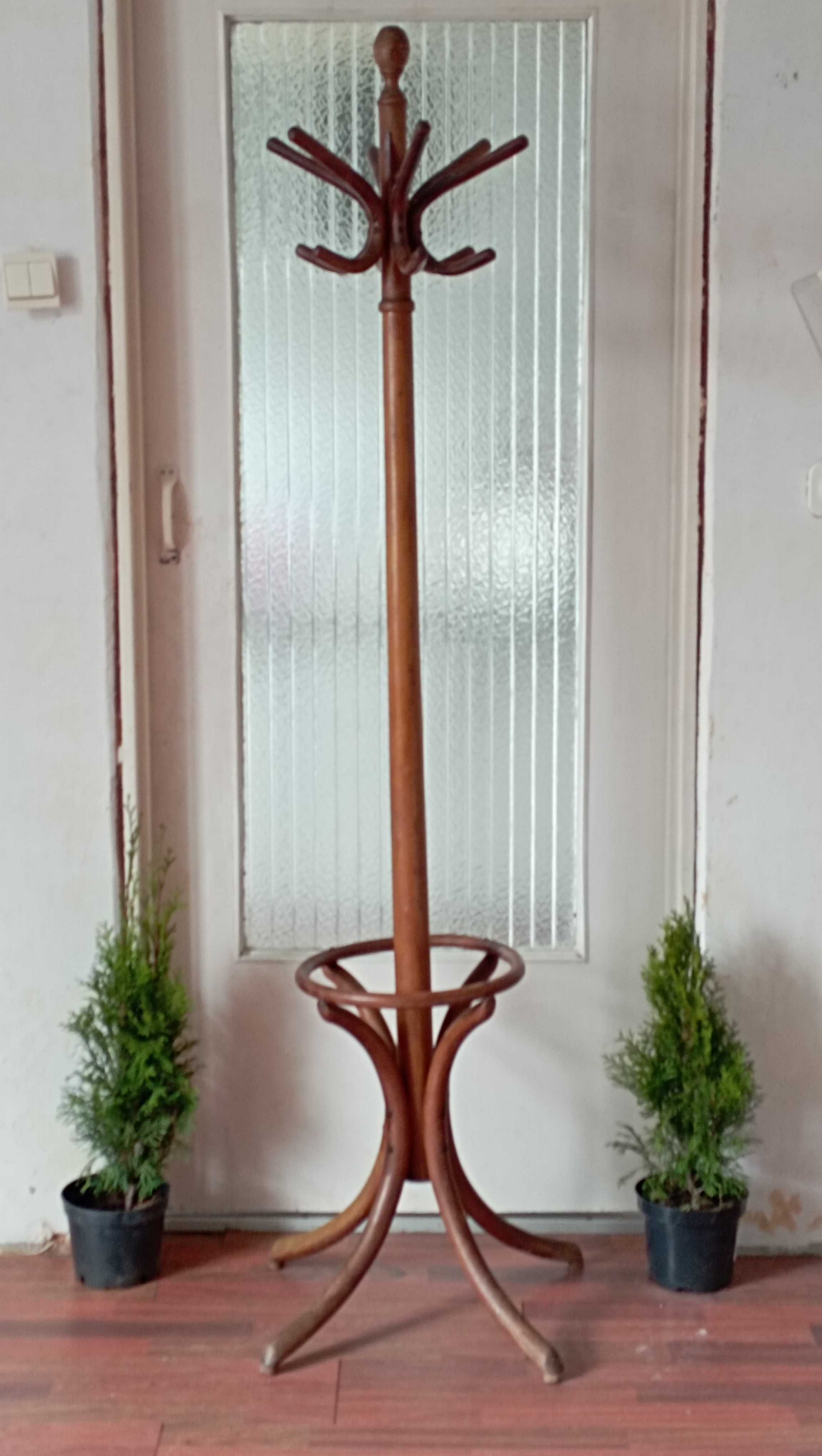 Drewniany wieszak retro z parasolnikiem  ANTYK wys .185 cm