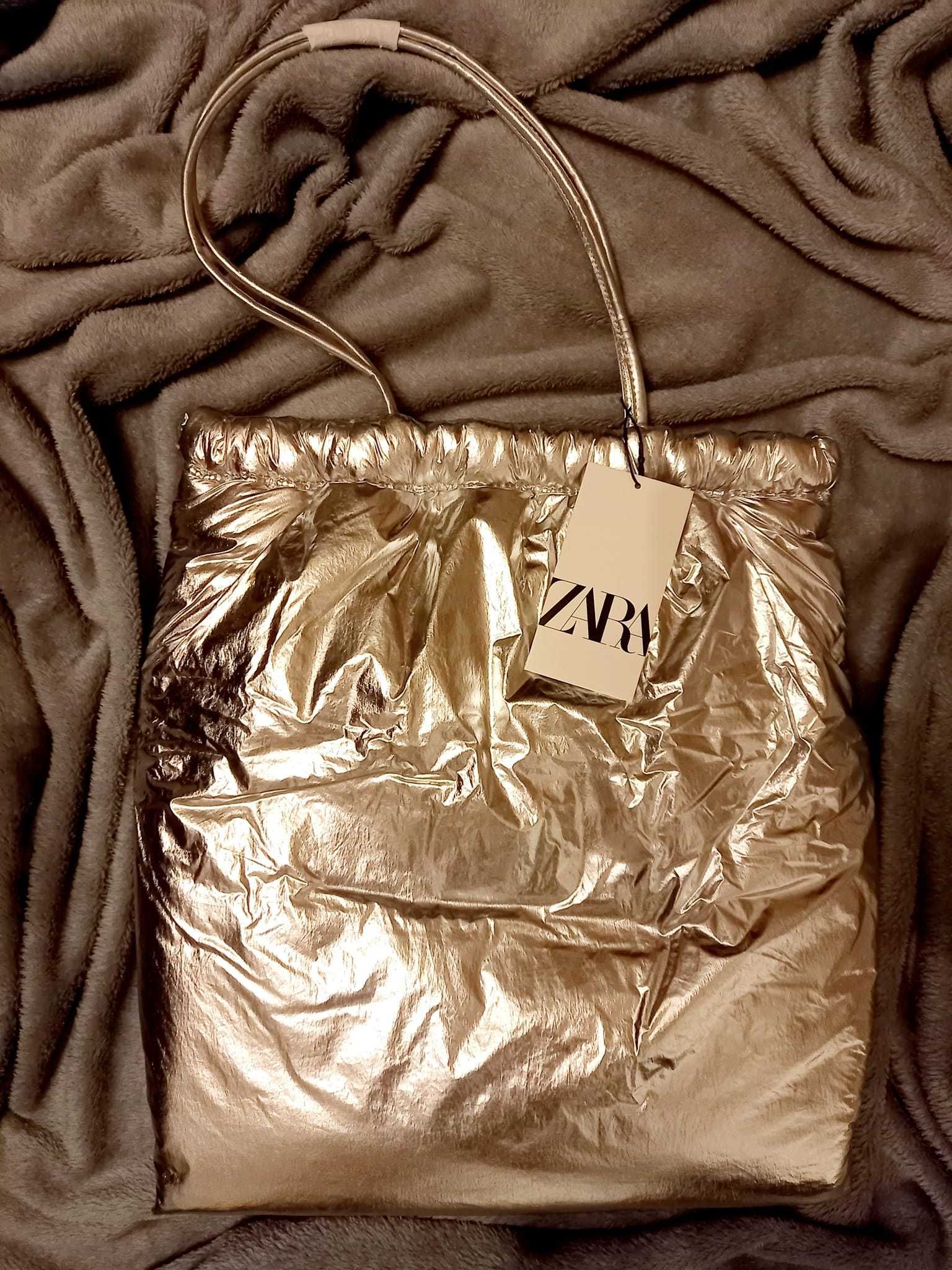 Zara metaliczna torebka typu shopper torba na ramie