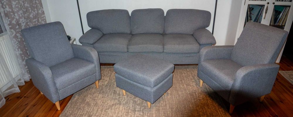 Zestaw wypoczynkowy  - kanapa, 2 fotele, pufa- Jysk Gedved stan bdb