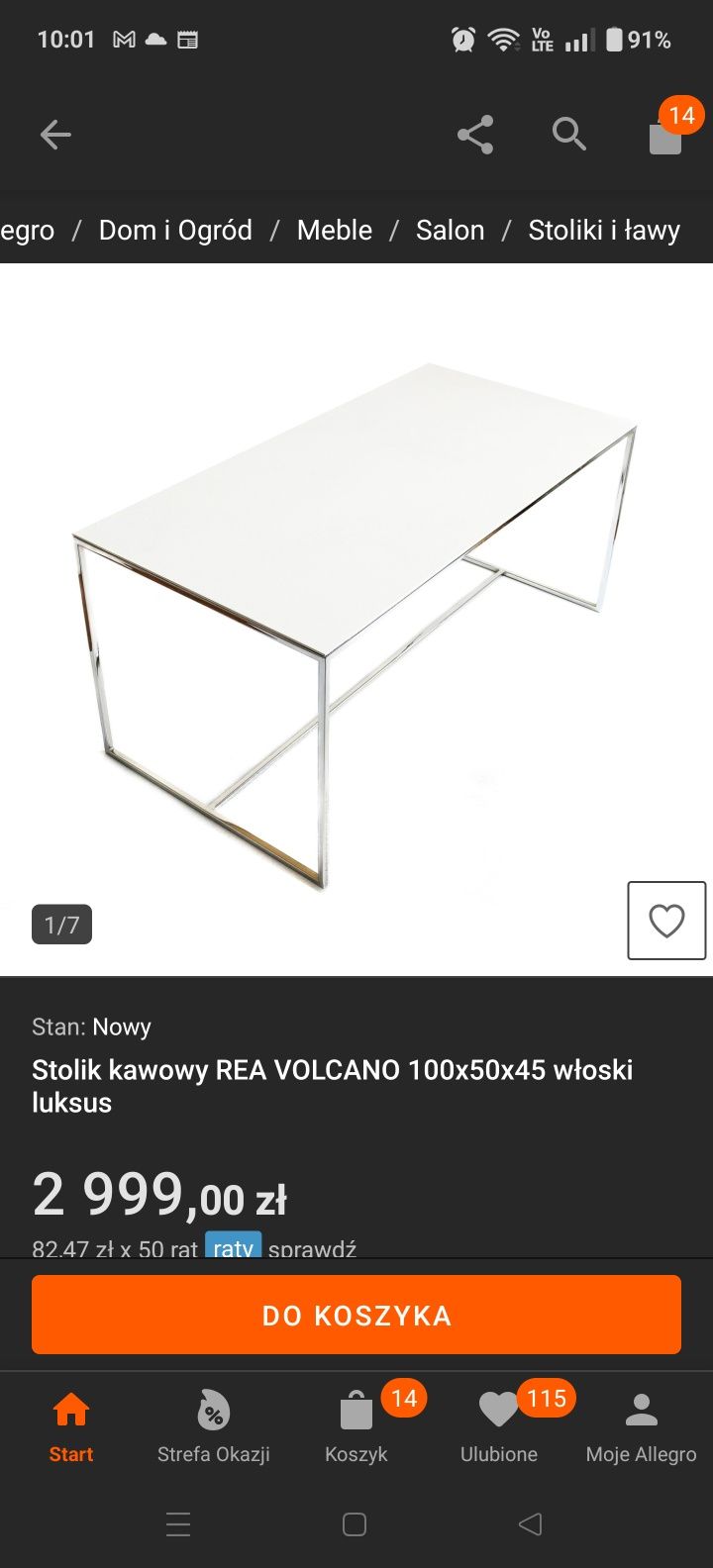 Stolik kawowy REA VOLCANO ( kler) 100x50x45