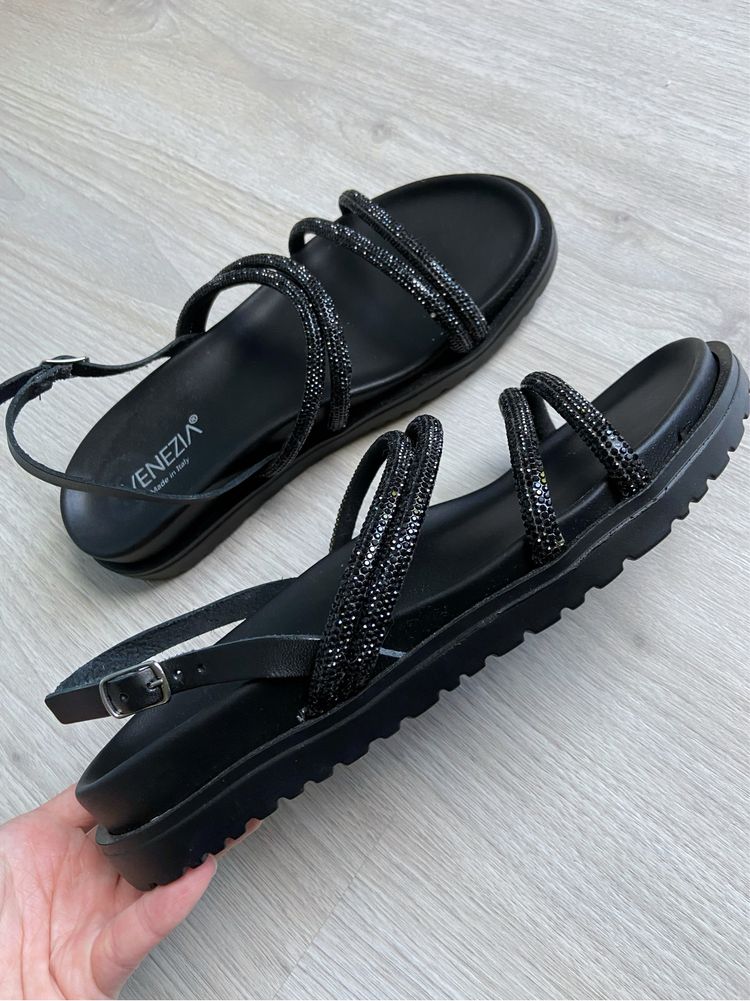 Sandały Venezia buty 37 kryształki błyszczące czarno lato paski